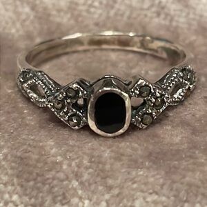 Dainty Black Onyx Marquisette Ring 925 Sterling